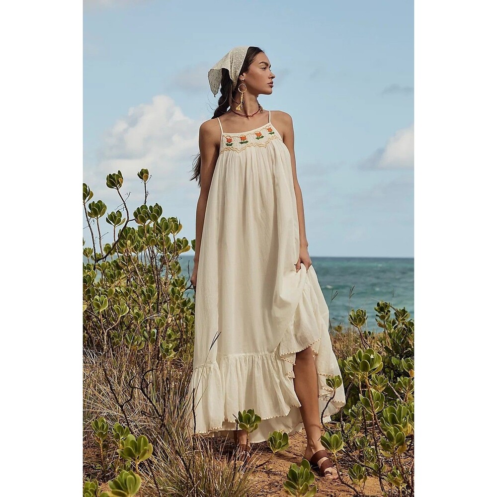 Free People Tip Toeing Tulip Midi Dress Embroidered Smocked Flowy XS NEW 281223